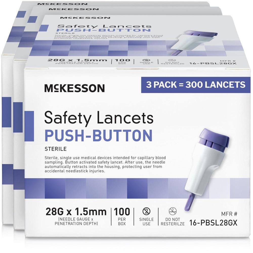 image:imageMcKesson Lancets for Diabetes Testing 100 Count Lancing Device for Blood and Glucose Test 28G x 15 mm Push Button Activation Sterile Single Use300 Count