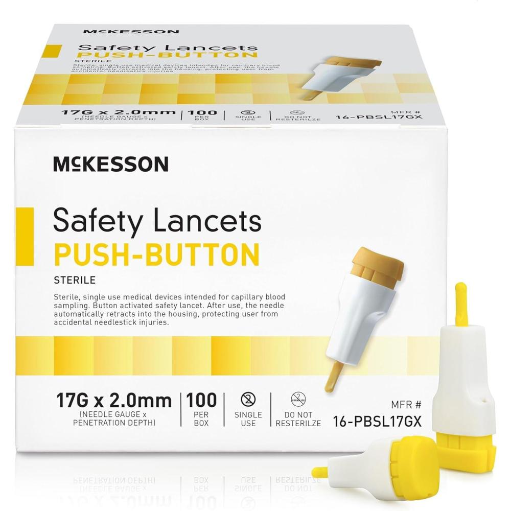 image:imageMcKesson Lancets for Diabetes Testing 2000 Count Lancing Device for Blood and Glucose Test 17G x 20 mm Push Button Activation Sterile Single Use100 Count