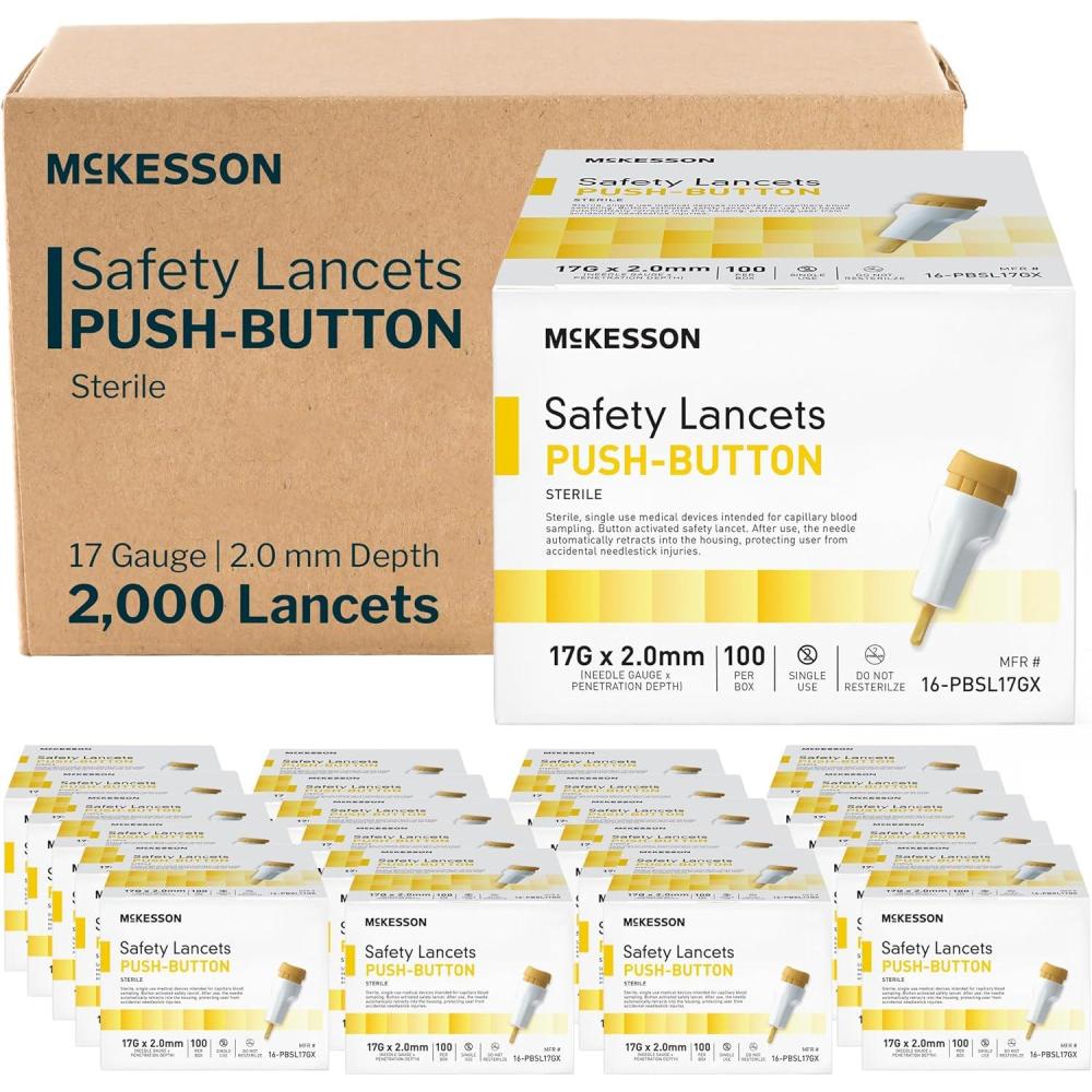 image:imageMcKesson Lancets for Diabetes Testing 2000 Count Lancing Device for Blood and Glucose Test 17G x 20 mm Push Button Activation Sterile Single Use2000 Count