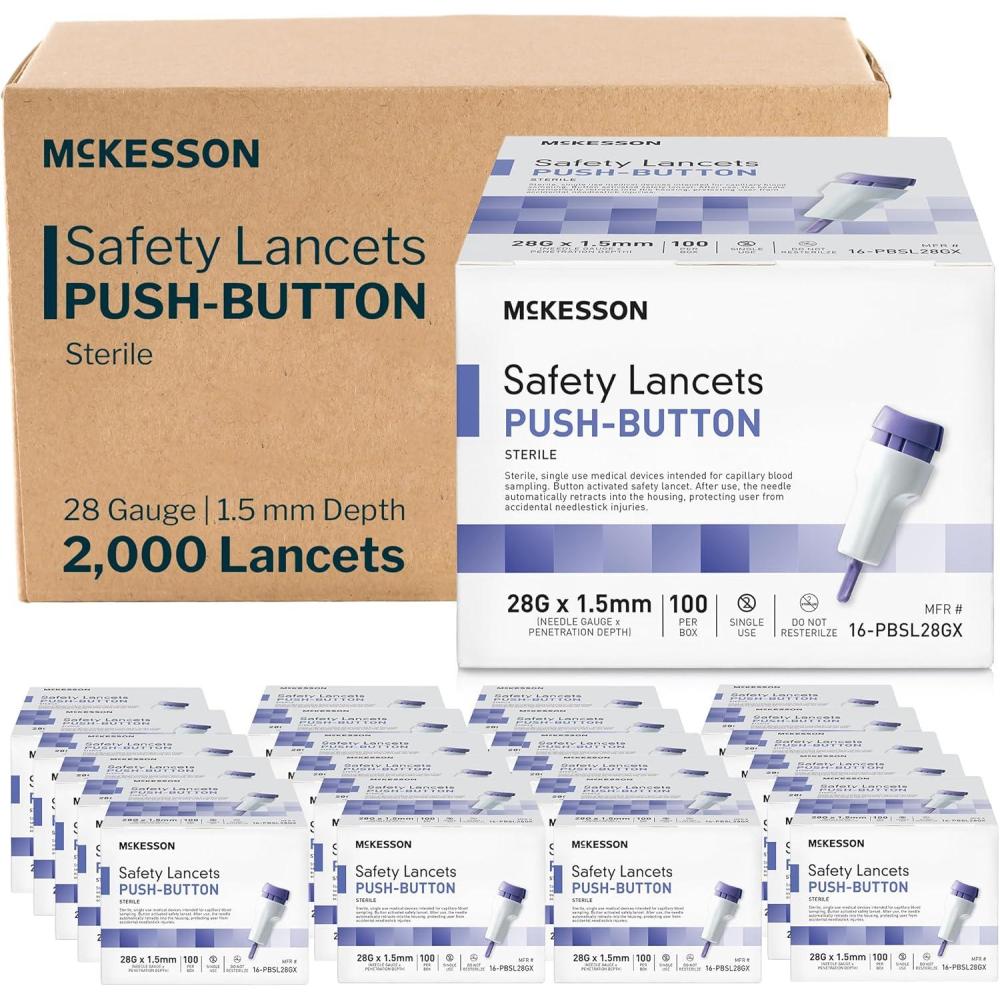 image:imageMcKesson Lancets for Diabetes Testing 2000 Count Lancing Device for Blood and Glucose Test 28G x 15 mm Push Button Activation Sterile Single Use