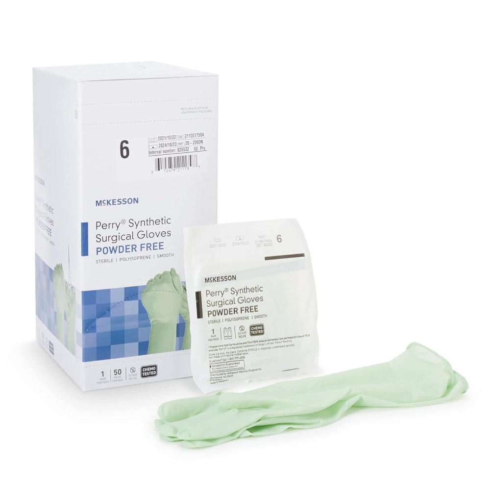 image:imageMcKesson Perry Synthetic Surgical Gloves 200 Pairs Sterile Polyisoprene Disposable PowderFree Professional Medical and Healthcare Chemo Tested Size 85 GreenSize 6 200 ct