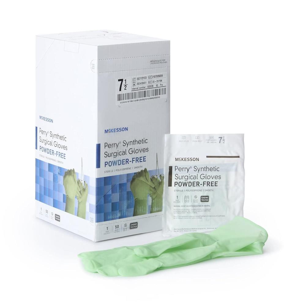 image:imageMcKesson Perry Synthetic Surgical Gloves 200 Pairs Sterile Polyisoprene Disposable PowderFree Professional Medical and Healthcare Chemo Tested Size 85 GreenSize 75 50 ct
