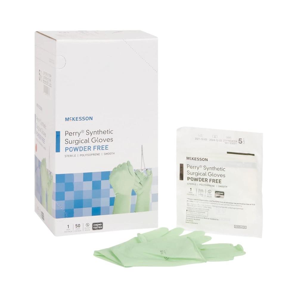 image:imageMcKesson Perry Synthetic Surgical Gloves 200 Pairs Sterile Polyisoprene Disposable PowderFree Professional Medical and Healthcare Chemo Tested Size 85 GreenSize 55 50 ct