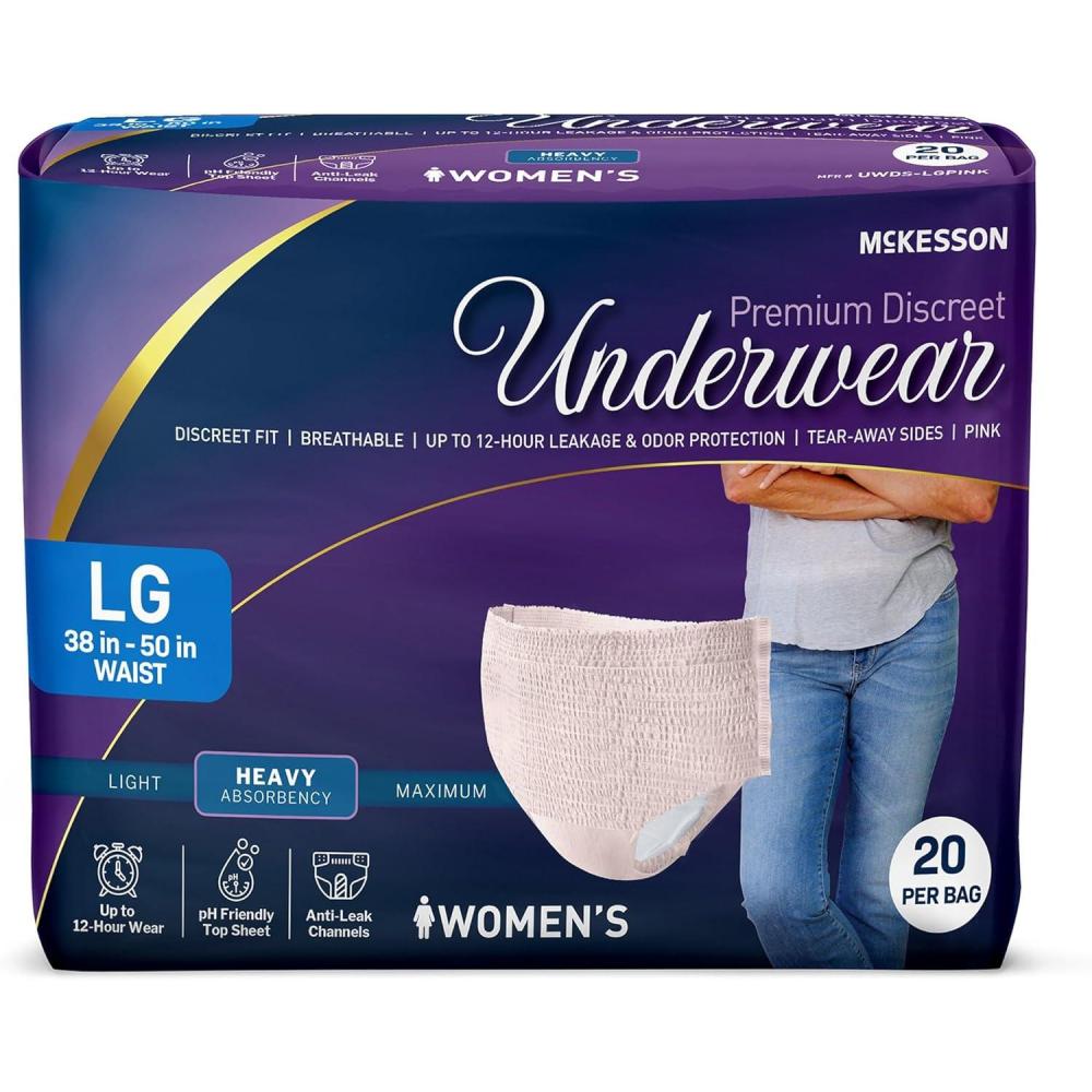 image:imageMcKesson Premium Discreet Underwear for Women 20 Adult Briefs PullOn Disposable Incontinence Briefs Tear Away Seams Heavy Absorbency 12Hour Leak amp Odor Protection XLarge 4864 inLarge