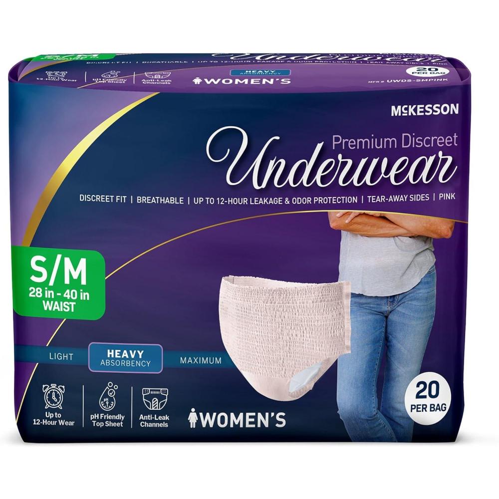 image:imageMcKesson Premium Discreet Underwear for Women 20 Adult Briefs PullOn Disposable Incontinence Briefs Tear Away Seams Heavy Absorbency 12Hour Leak amp Odor Protection XLarge 4864 inSmallMedium