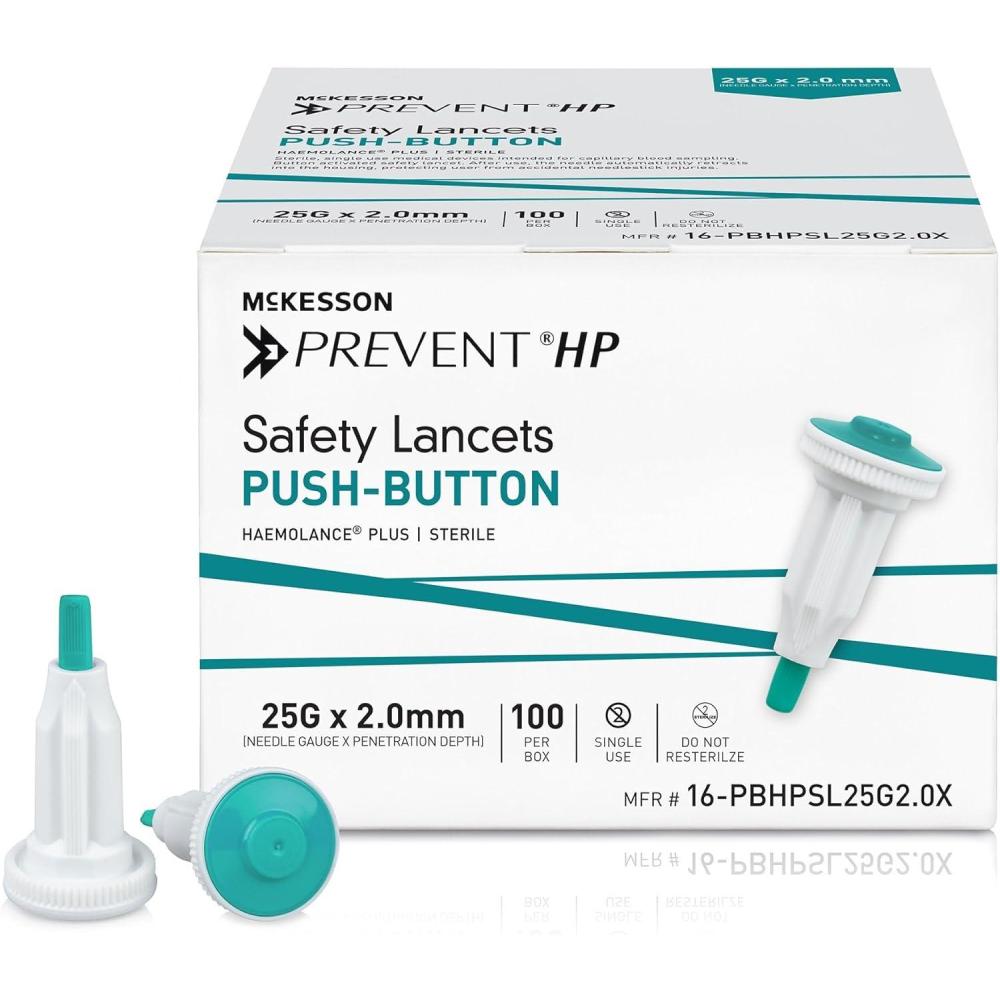 image:imageMcKesson Prevent HP Safety Lancet Retractable PressureActivated Finger Device Sterile  Ideal for Blood Testing  Single Use 25 Gauge 20 mm Depth 100 Count 20 Packs 2000 Total