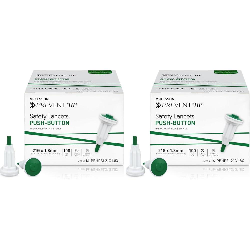 image:imageMcKesson Prevent HP Sterile Push Button Safety Lancets 21G x 18 mm Depth 2000 Count  Auto Retracting Blood Glucose Testing Lancets Single Use Green100 ct Pack of 2