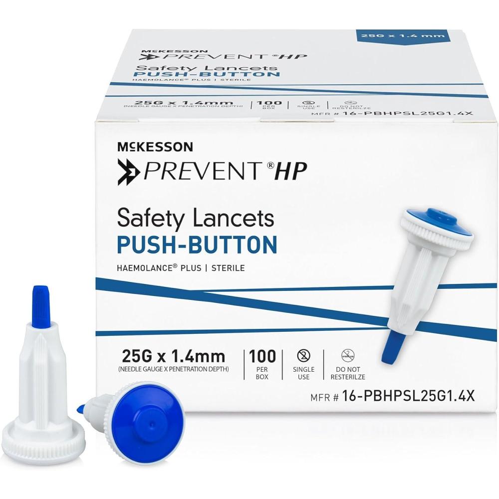 image:imageMcKesson Prevent HP Sterile Push Button Safety Lancets 25G x 14 mm Depth 2000 Count  Auto Retracting Blood Glucose Testing Lancets Single Use Blue