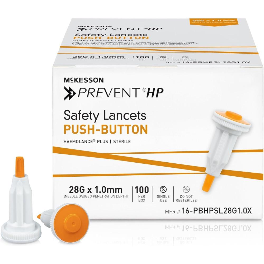 image:imageMcKesson Prevent HP Sterile Push Button Safety Lancets 28G x 10 mm Depth 2000 Count Auto Retracting Blood Glucose Testing Lancets Single Use Orange