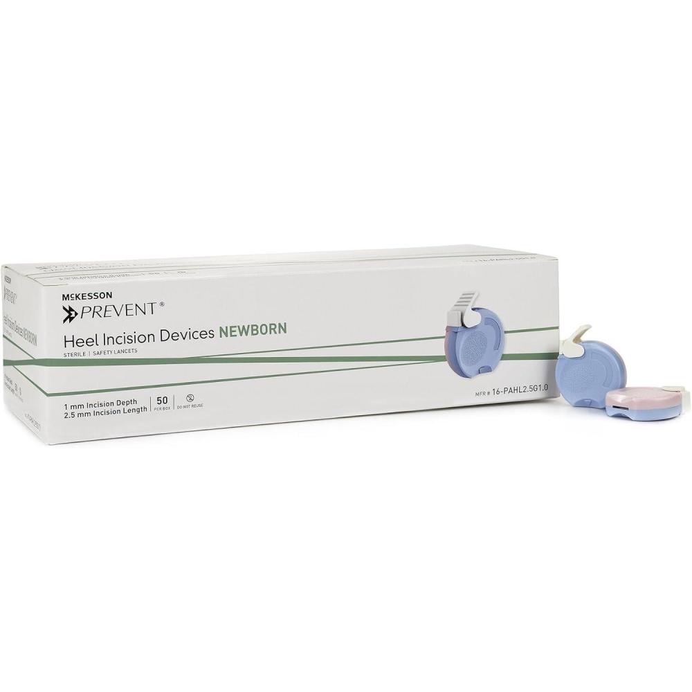 image:imageMcKesson Prevent Pediatric Heel Incision Lancet for Newborns Retractable Push Button Activated Device Ideal for Newborn Blood Testing Sterile Single Use 25 Gauge 10 mm Depth 50 Count 4