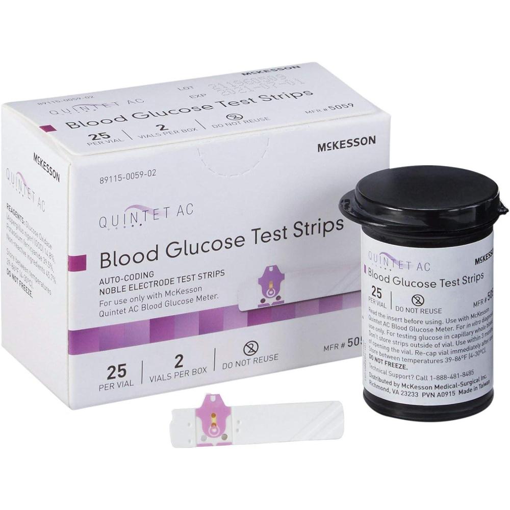 image:imageMcKesson Quintet AC Blood Glucose Test Strips  Auto Coding Noble Electrode Strips for SelfTesting and PointofCare Testing of Whole Blood Glucose 50 Strips 1 Pack25 Count Pack of 2