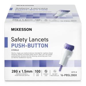 McKesson Lancets for Diabetes Testing [100 Count] Lancing Device for Blood and Glucose Test, 28G x 1.5 mm, Push Button Activation, Sterile, Single Use(100 Count)