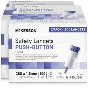 McKesson Lancets for Diabetes Testing [100 Count] Lancing Device for Blood and Glucose Test, 28G x 1.5 mm, Push Button Activation, Sterile, Single Use(200 Count)