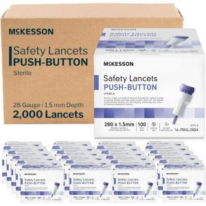 McKesson Lancets for Diabetes Testing [2000 Count] Lancing Device for Blood and Glucose Test, 28G x 1.5 mm, Push Button Activation, Sterile, Single Use