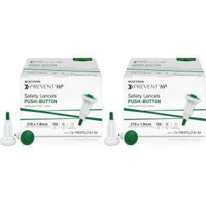 McKesson Prevent HP Sterile Push Button Safety Lancets, 21G x 1.8 mm Depth [2000 Count] – Auto Retracting Blood Glucose Testing Lancets, Single Use, Green((100 ct) (Pack of 2))