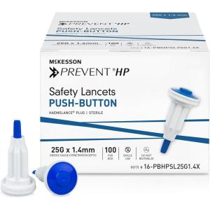 McKesson Prevent HP Sterile Push Button Safety Lancets, 25G x 1.4 mm Depth [100 Count] – Auto Retracting Blood Glucose Testing Lancets, Single Use, Blue