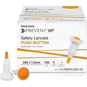 McKesson Prevent HP Sterile Push Button Safety Lancets, 28G x 1.0 mm Depth [2000 Count] – Auto Retracting Blood Glucose Testing Lancets, Single Use, Orange