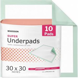 McKesson Super Underpads, Incontinence Bed Pads 30″ x 30″ [10 Count], Moderate Absorbency, Disposable Chux Pads for Adults, Elderly, and Baby, Pee Pads(30×30 Inch (Pack of 10))