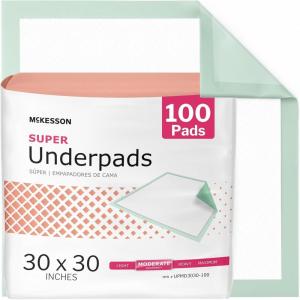 McKesson Super Underpads, Incontinence Bed Pads 30″ x 30″ [100 Count], Moderate Absorbency, Disposable Chux Pads for Adults, Elderly, and Baby, Pee Pads