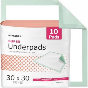 McKesson Super Underpads, Incontinence Bed Pads 30″ x 30″ [600 Count], Moderate Absorbency, Disposable Chux Pads for Adults, Elderly, and Baby, Pee Pads(30 X 30 Inch  10 Count)