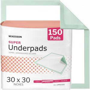 McKesson Super Underpads, Incontinence Bed Pads 30″ x 30″ [600 Count], Moderate Absorbency, Disposable Chux Pads for Adults, Elderly, and Baby, Pee Pads(30×30 Inch (Pack of 150))