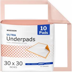 McKesson Ultra Underpads, Incontinence Bed Pads 30″ x 30″ [100 Count], Heavy Absorbency, Disposable Chux Pads for Adults, Elderly, and Baby, Pee Pads(30 X 30 Inch (Pack of 10))