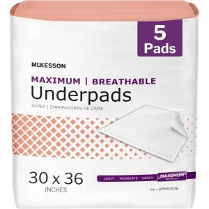 McKesson Underpads Disposable Bed Pads 30″ x 36″ [5 Count], Maximum Absorbency, Maximum Breathable Incontinence Chux for Adults, Elderly, and Baby, Pee Pads