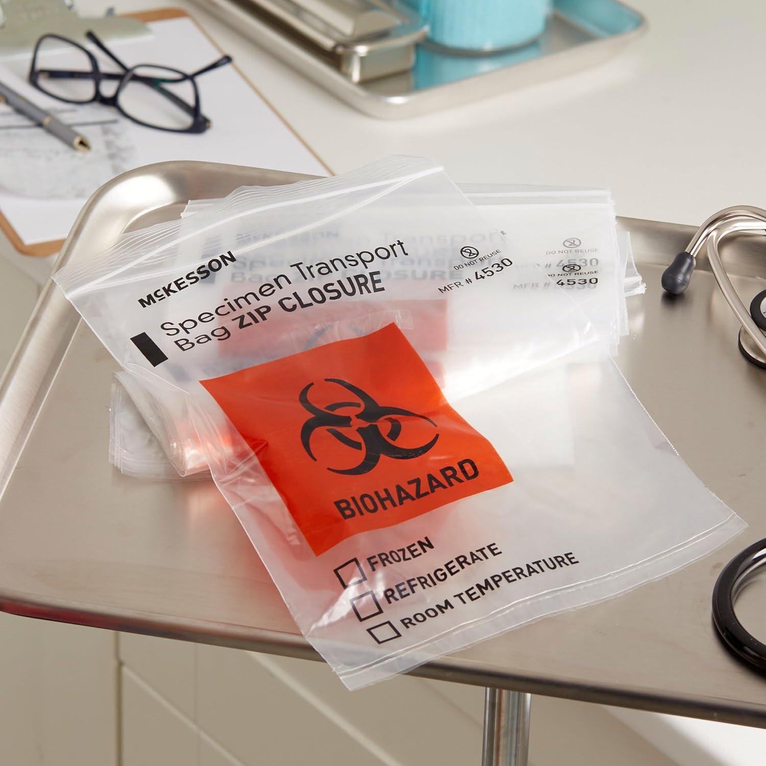 image:imageMcKesson Biohazard Specimen Transport Bags Zip Closure with Document Pouch Clear NonSterile No Rubber Latex 8 in x 10 in 1000 Count