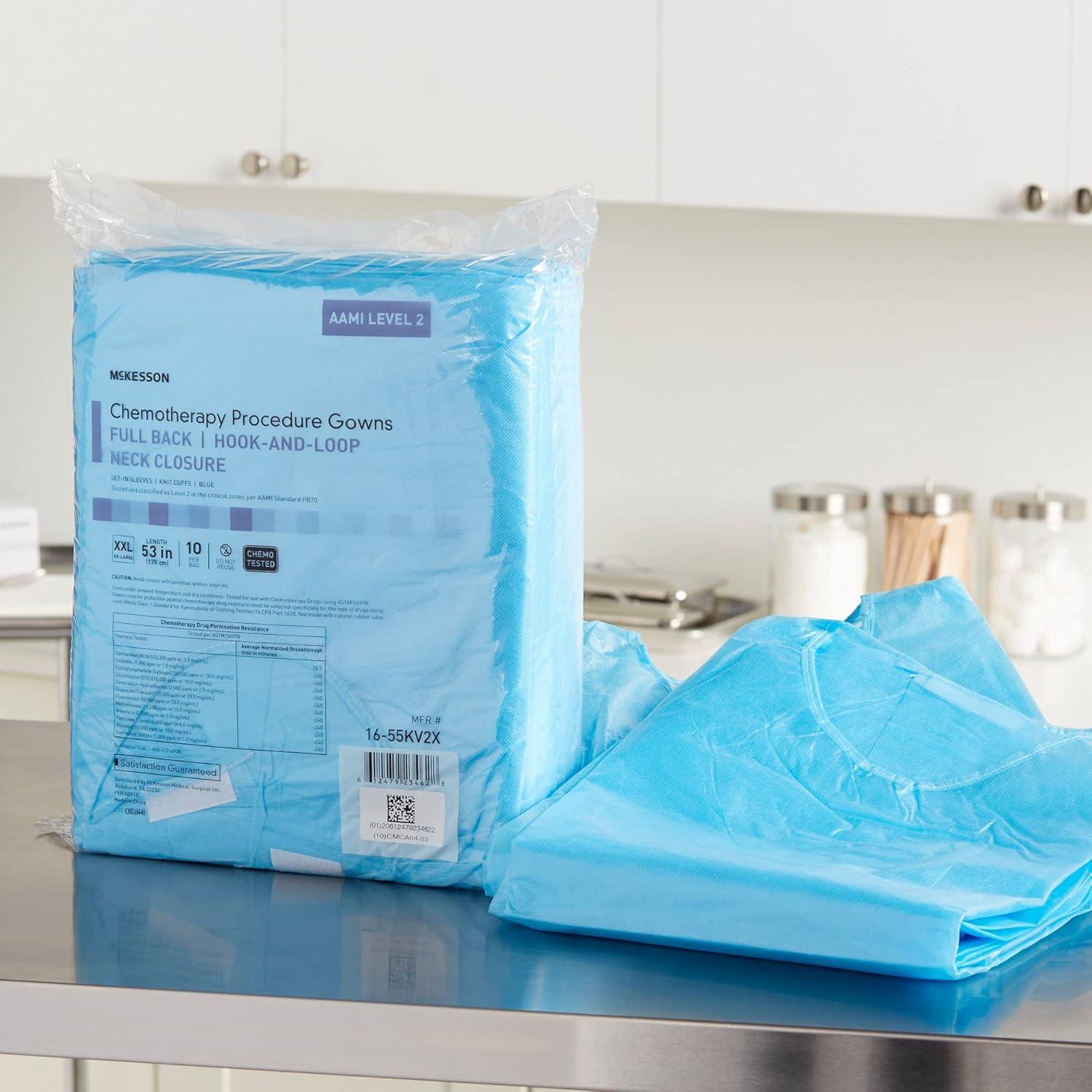 image:imageMcKesson Chemotherapy Procedure Gown Disposable FullBack Waist Tie AAMI Level 2 Unisex NonSterile Blue Size 2XL 53 in L 30 Count