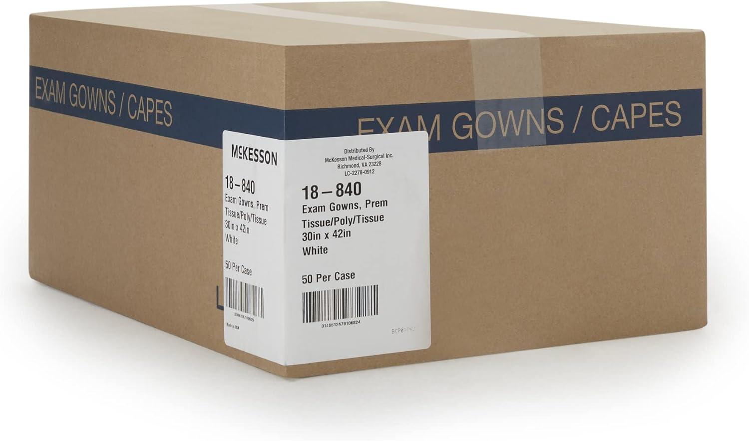 image:imageMcKesson Exam Gown Disposable Poly and Premium Tissue Front or Back Opening Short Sleeve Unisex White One Size Fits Most Adults 21 in x 30 in 50 Count