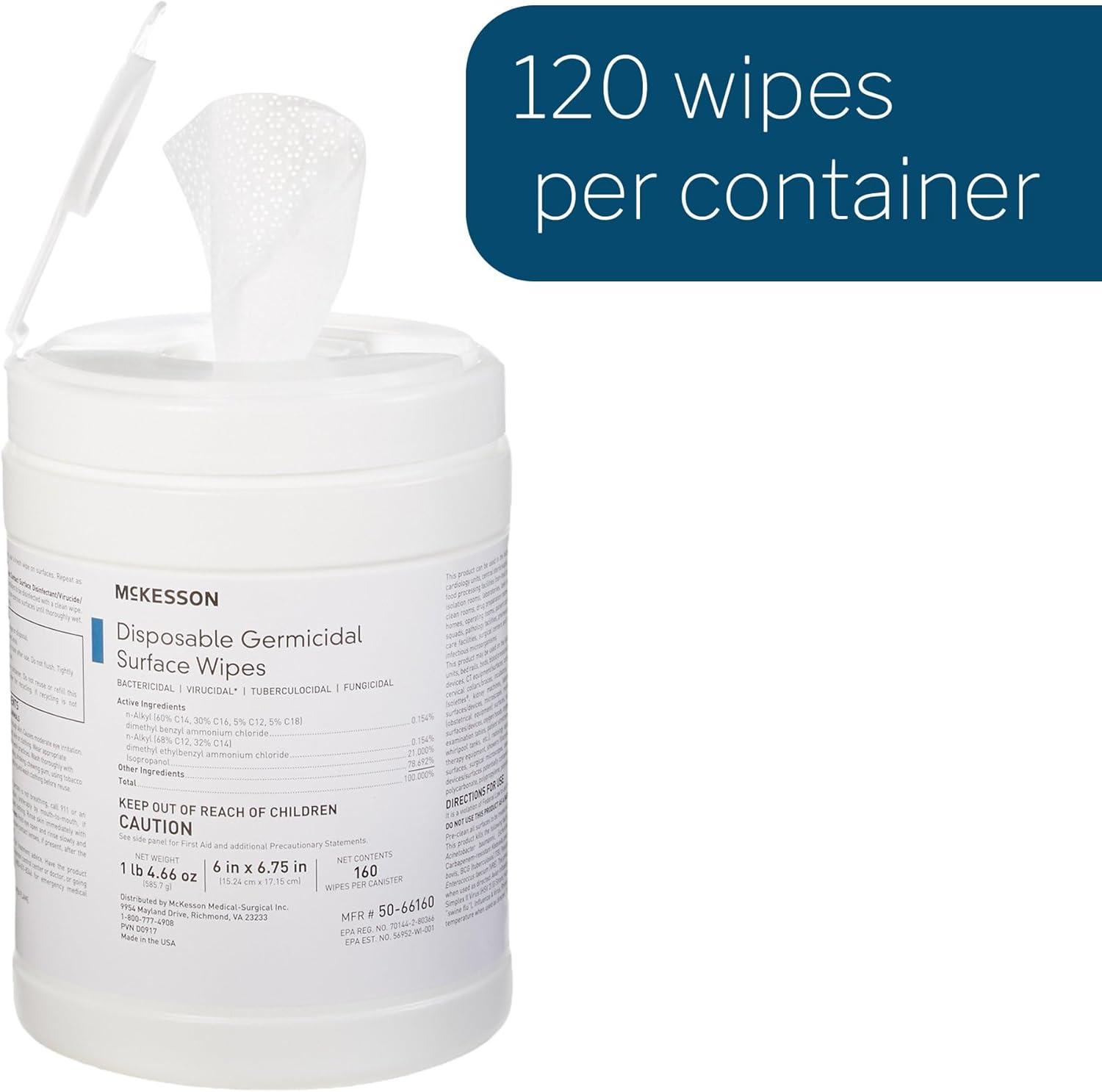 image:imageMcKesson Germicidal Wipes 1920 Count Disinfecting Wipes Alcohol Cleaning Disinfectant Wipes Hospital Grade MultiSurface Wipes 160 Wipes 12 Pack1 Count Pack of 160