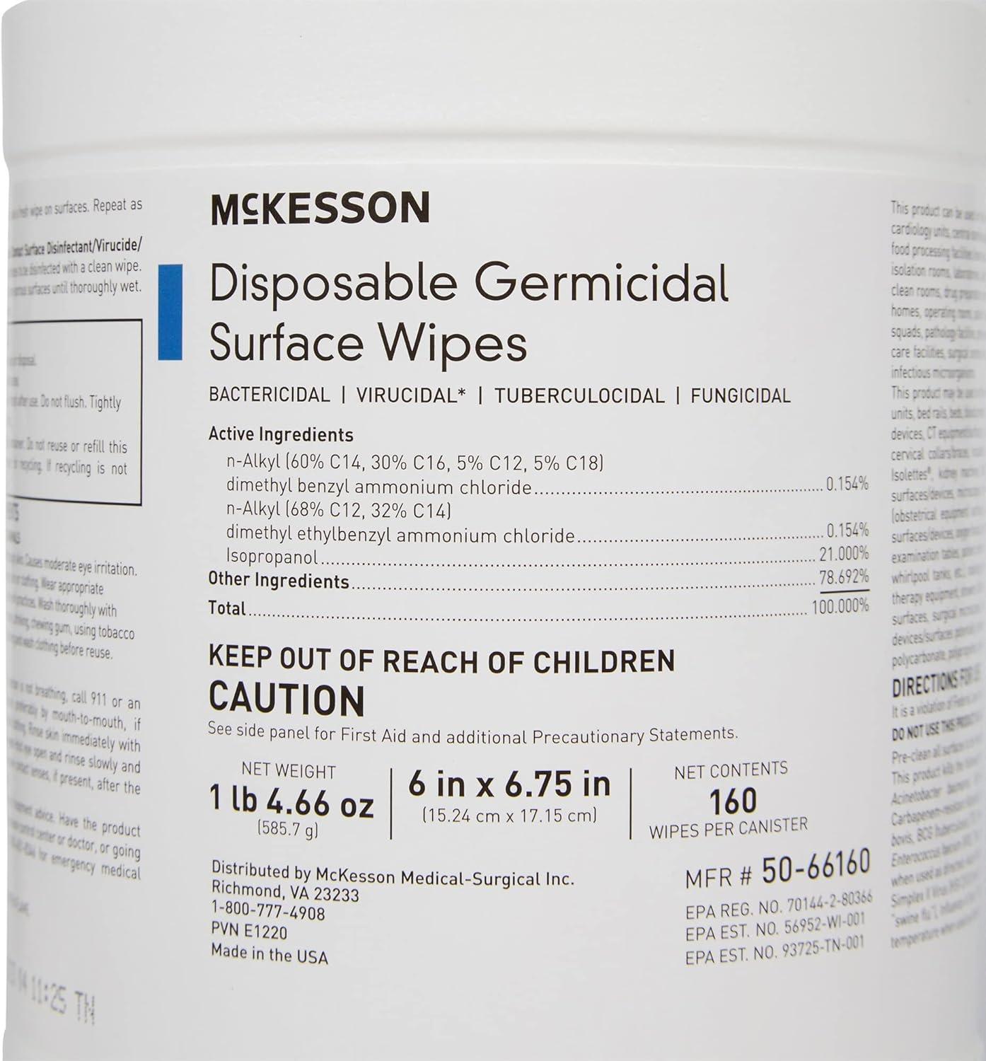 image:imageMcKesson Germicidal Wipes 1920 Count Disinfecting Wipes Alcohol Cleaning Disinfectant Wipes Hospital Grade MultiSurface Wipes 160 Wipes 12 Pack1 Count Pack of 160