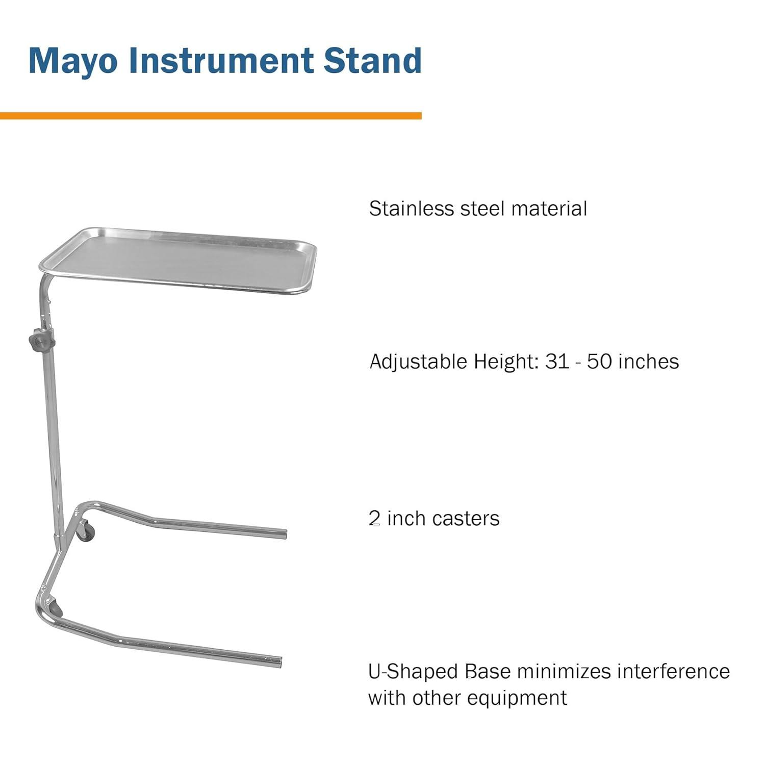 image:imageMcKesson Medical Instrument Mayo Stand Stainless Steel Rolling Tray for Hospitals Offices Dental Salons UShaped Base 3150 Inch Height 1 Count