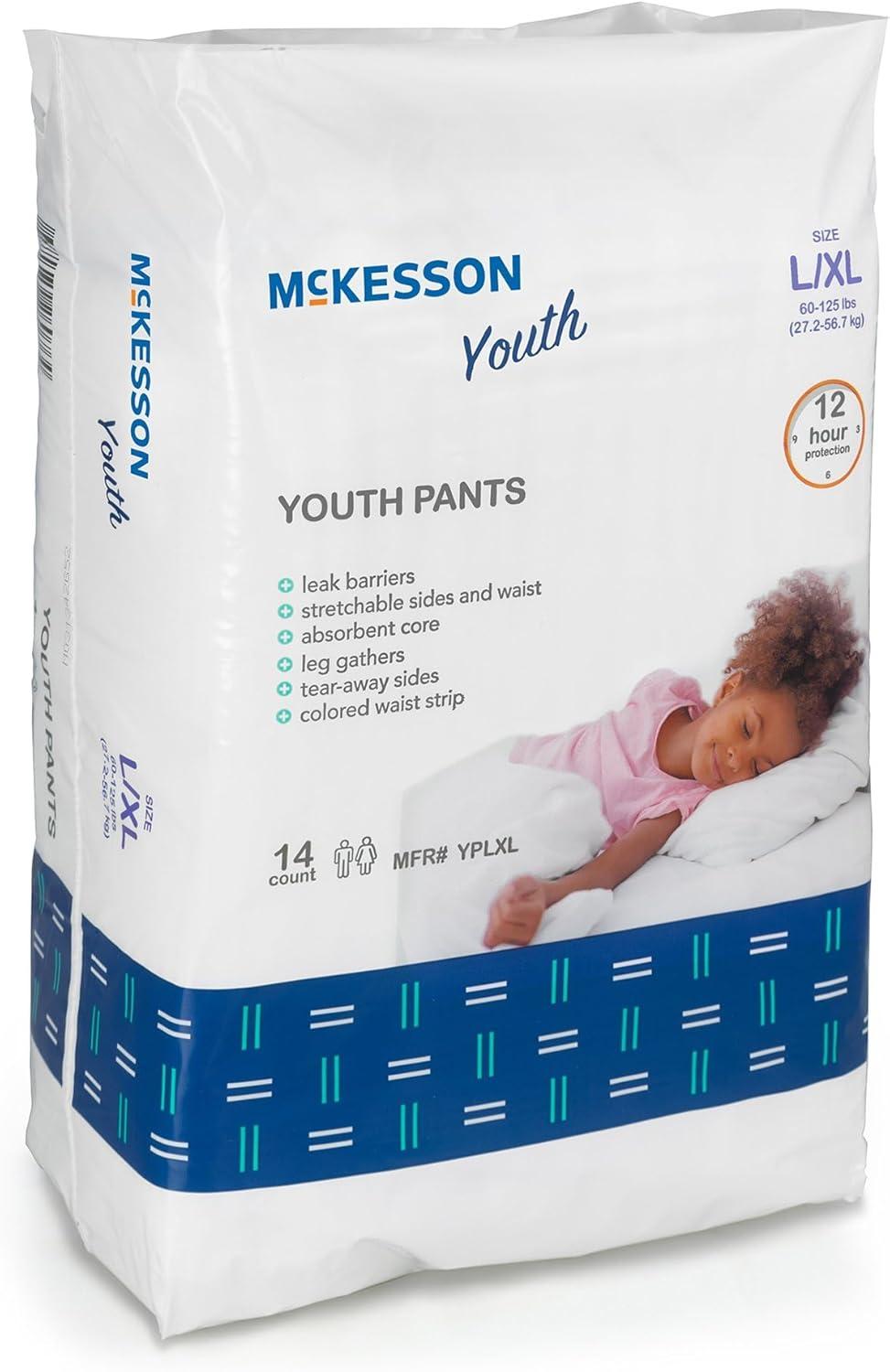 image:imageMcKesson Youth Training Pants 56 Count Overnight Disposable Pull Up Diapers LXL 60125 lbs Absorbent 12 Hour Leak Protection with Leg Gathers and TearAway Sides for Boys or Girls PediatricLargeXLarge 56 Count