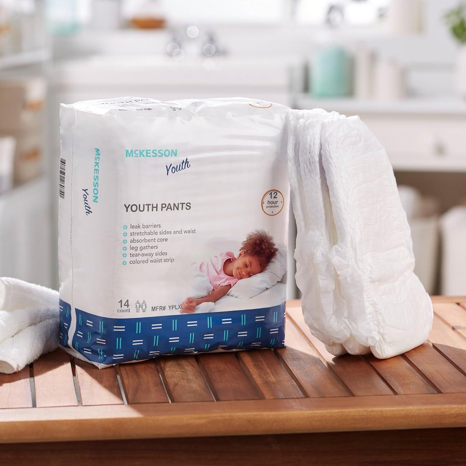 image:imageMcKesson Youth Training Pants 56 Count Overnight Disposable Pull Up Diapers LXL 60125 lbs Absorbent 12 Hour Leak Protection with Leg Gathers and TearAway Sides for Boys or Girls PediatricLargeXLarge 14 Count
