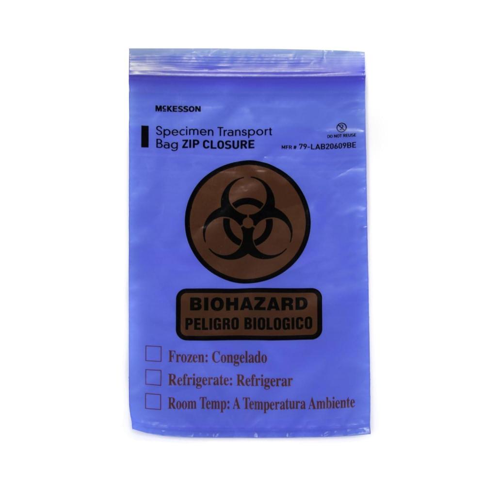image:imageMcKesson Biohazard Specimen Transport Bags for Medical Procedures  Zip Closure Blue Document Pouch  6 in x 9 in 100 Count