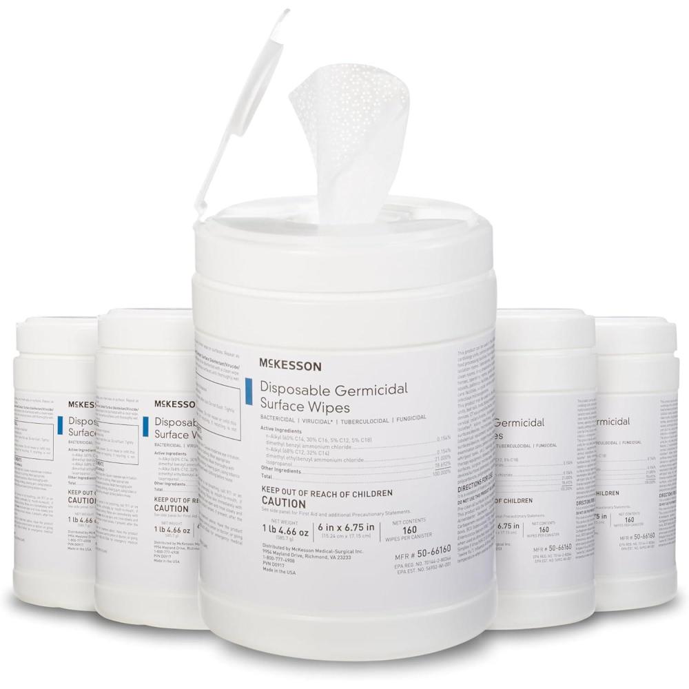 image:imageMcKesson Germicidal Wipes 800 Count Disinfecting Wipes Alcohol Cleaning Disinfectant Wipes Hospital Grade MultiSurface Wipes 160 Wipes 5 Pack