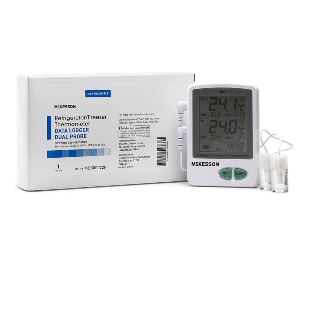 image:imageMcKesson Refrigerator and Freezer Thermometer DualProbe Waterproof Digital Display MaxMin Temperatures 1 Count