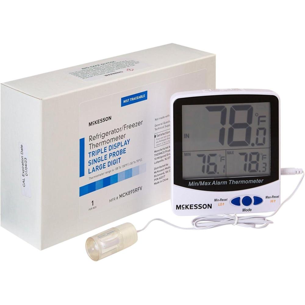 image:imageMcKesson RefrigeratorFreezer Thermometer with Triple Display Single Probe Large Digits for Medical Laboratory Food Safety Use 1 Count