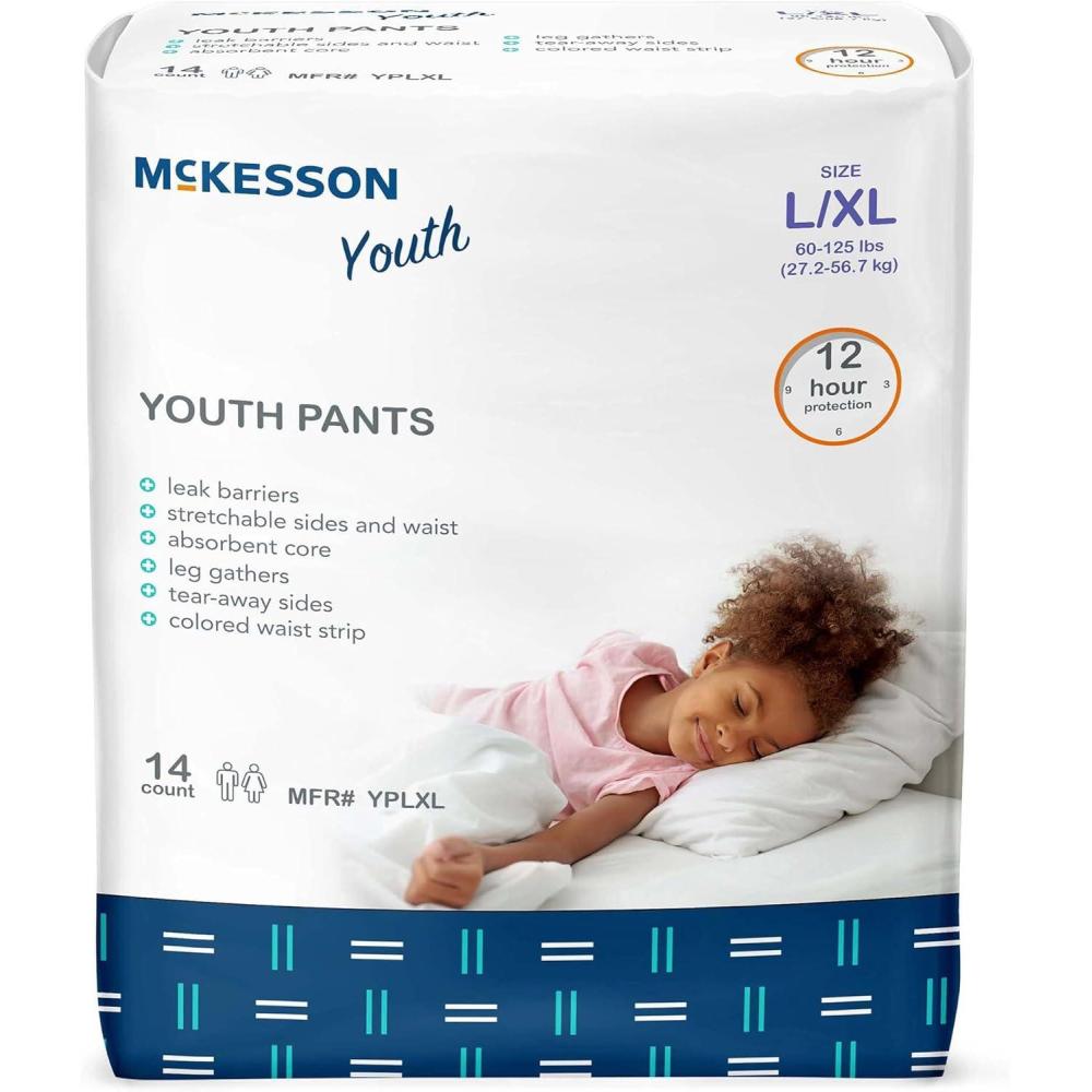 image:imageMcKesson Youth Training Pants 56 Count Overnight Disposable Pull Up Diapers LXL 60125 lbs Absorbent 12 Hour Leak Protection with Leg Gathers and TearAway Sides for Boys or Girls PediatricLargeXLarge 56 Count