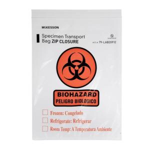 McKesson Biohazard Specimen Transport Bags – Zip Closure, Clear, with Document Pouch, Non-Sterile, No Rubber Latex – 6 in x 12 in, 100 Count