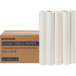 McKesson Medical Exam Table Paper Rolls [12 Rolls] – 18 in x 225 ft White Standard Smooth Disposable Bed Cover for Doctor, Spa, Diaper Changing, Waxing, Nursing, Chiropractor, Patternmaking, Tracing(18 in x 225 ft (Crepe))