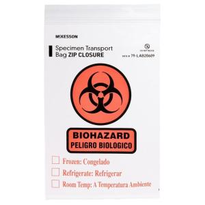 McKesson Specimen Transport Bag, Biohazard, Zip Closure, 2 mil Thickness, 6 in x 9 in, 100 Count