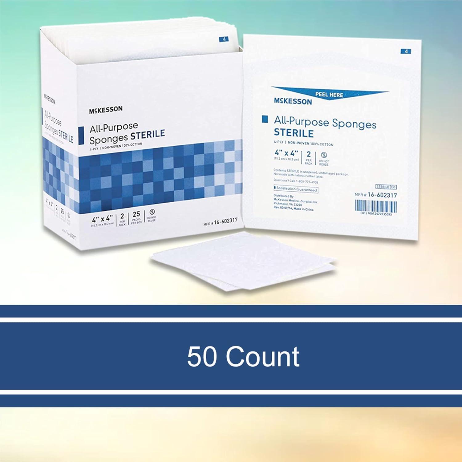 image:imageMcKesson All Purpose Sponges Sterile 4Ply 100 Cotton 4 in x 4 in 2 per Pack 25 Packs 50 Total4 X 4 Inch 50 Count