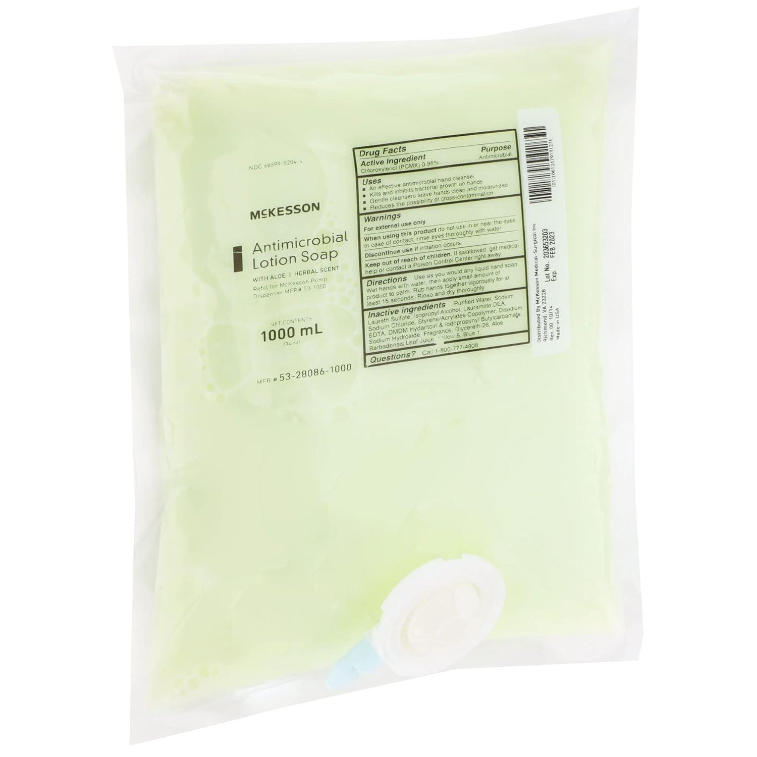 image:imageMcKesson Antimicrobial Lotion Hand Soap with Aloe 1000 mL Refill Bag Pack of 10 Bags Bulk Herbal Scent Keeps Hands Clean and Moisturized MedicalGrade SoapAloe Vera
