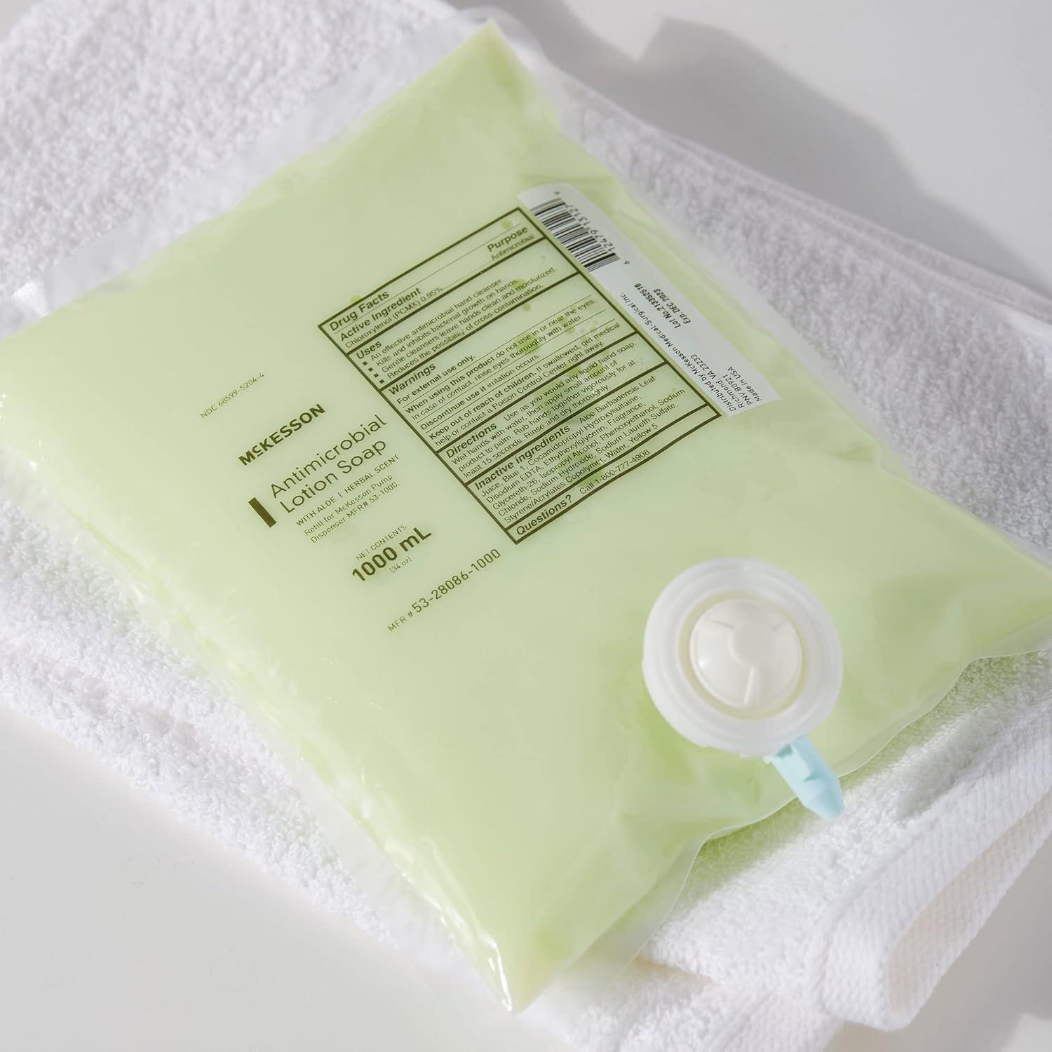 image:imageMcKesson Antimicrobial Lotion Hand Soap with Aloe 1000 mL Refill Bag Pack of 10 Bags Bulk Herbal Scent Keeps Hands Clean and Moisturized MedicalGrade SoapAloe Vera