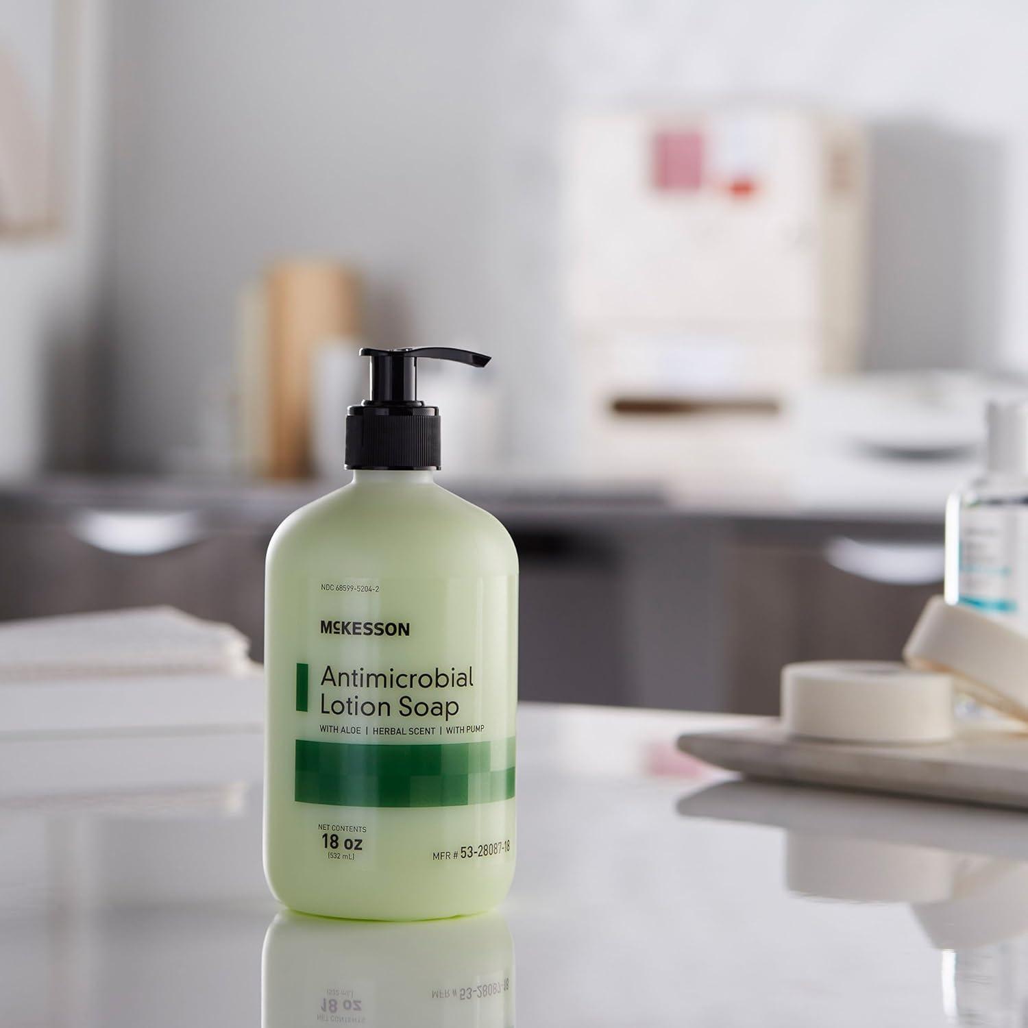 image:imageMcKesson Antimicrobial Lotion Hand Soap with Aloe 18 oz Pump Bottle Pack of 1 Herbal Scent Keeps Hands Clean and Moisturized MedicalGrade Soap