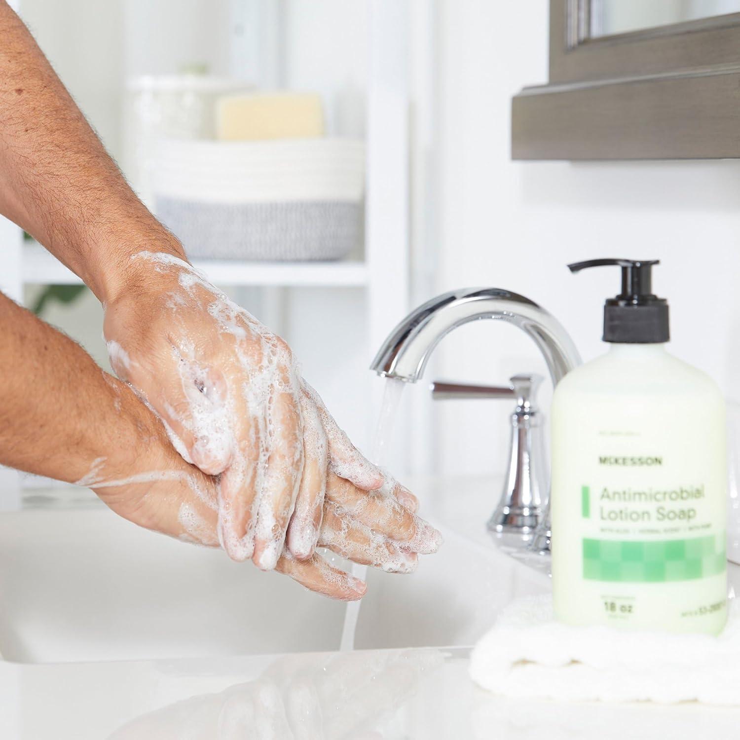 image:imageMcKesson Antimicrobial Lotion Hand Soap with Aloe 18 oz Pump Bottle Pack of 1 Herbal Scent Keeps Hands Clean and Moisturized MedicalGrade Soap