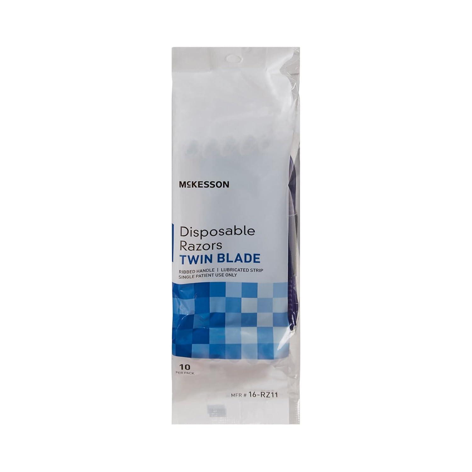 image:imageMcKesson Disposable Razors Stainless Steel Twin Blade Lubricated Strip Ribbed Handle Blue 10 Count 1 Pack