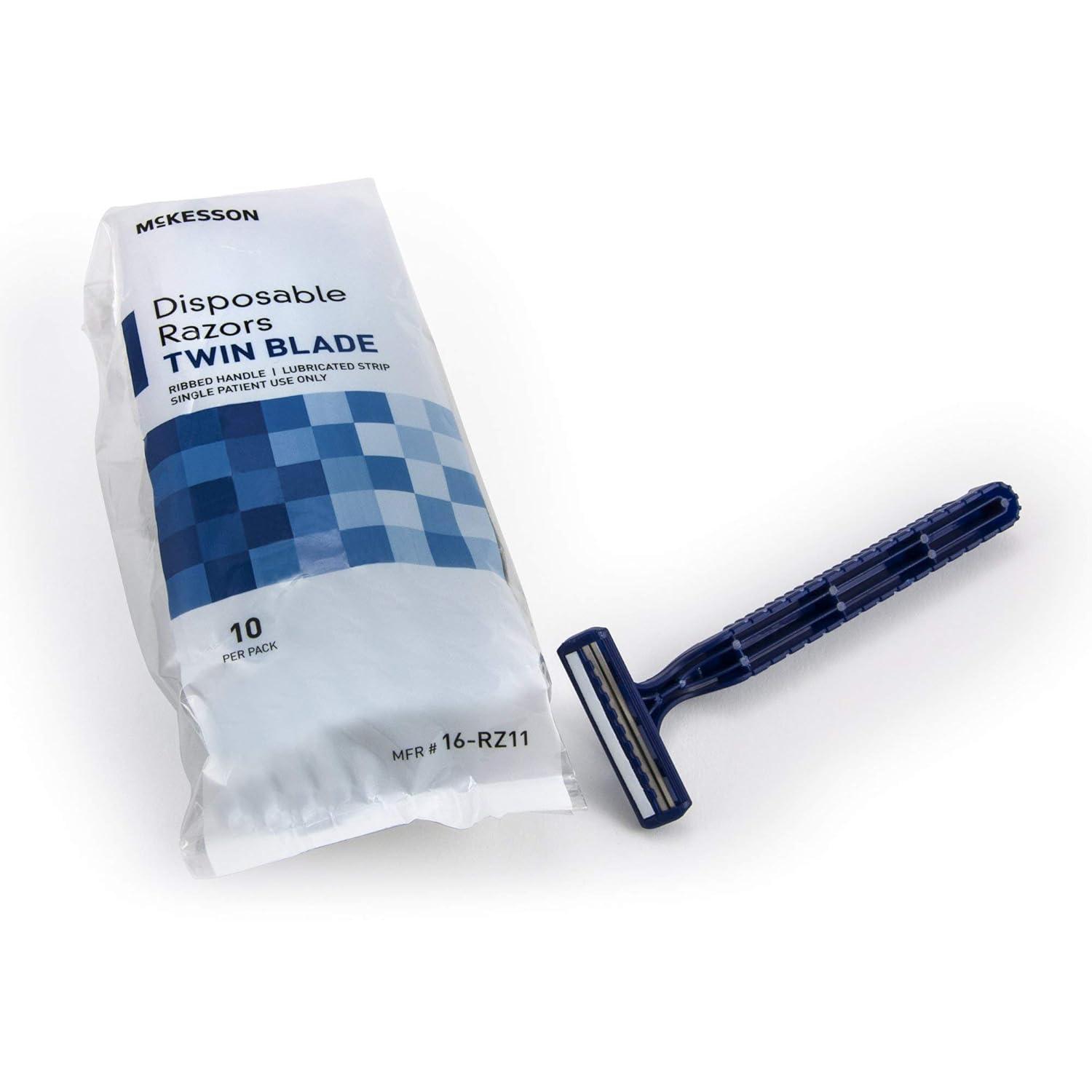 image:imageMcKesson Disposable Razors Stainless Steel Twin Blade Lubricated Strip Ribbed Handle Blue 10 Count 1 Pack